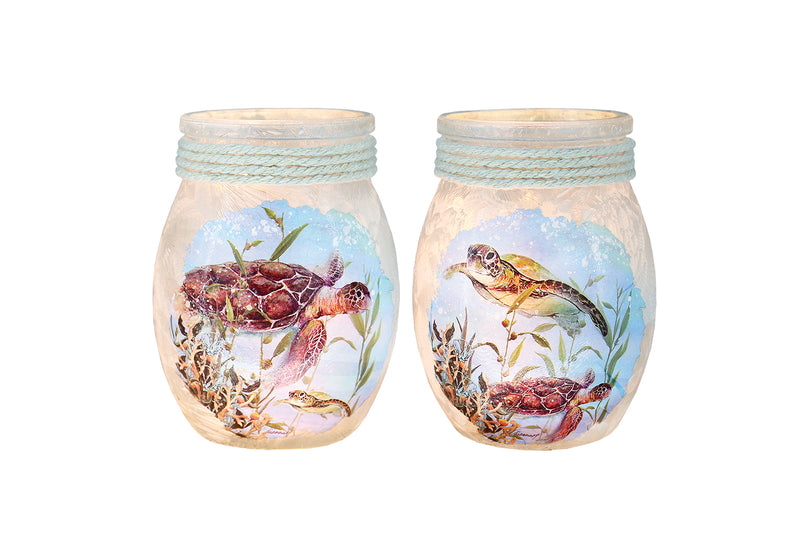 Frosted glass Sea Turtles Small Jar with jute rope trim, seashell charm, and glowing mini lights for cozy coastal decor.

