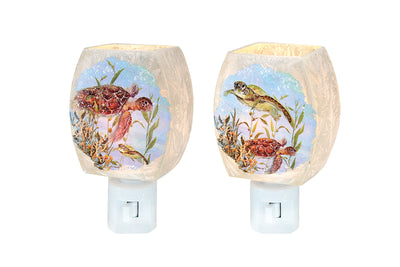 Glass night light with sea turtle scene, soft coastal glow, and front on/off switch.