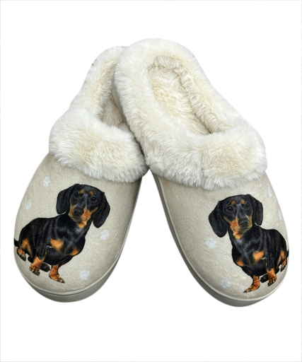 Black Dachshund dog slippers with soft plush lining, floppy ears, paw accents, and non-slip soles—perfect for dog lovers