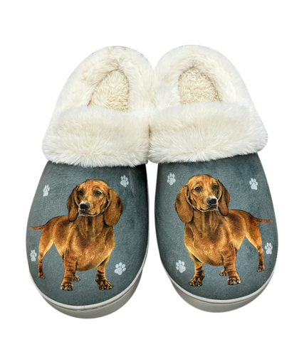 Red Dachshund dog slippers with long body design, floppy ears, and cozy plush lining—perfect gift for pet lovers