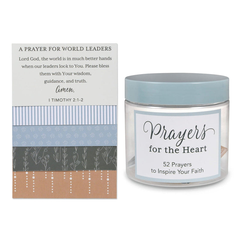 Glass jar labeled “Prayers for the Heart” filled with 52 decorative prayer cards for weekly spiritual encouragement.

