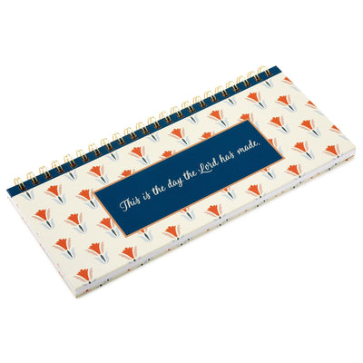 Spiral-bound weekly calendar with uplifting “This Is the Day” scripture theme and floral design for desk or tabletop use.

