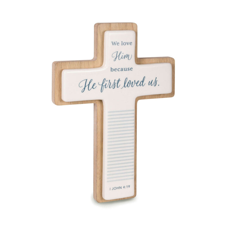 Wood and ceramic decorative cross featuring inspirational scripture and neutral tones for home or faith-based décor.


