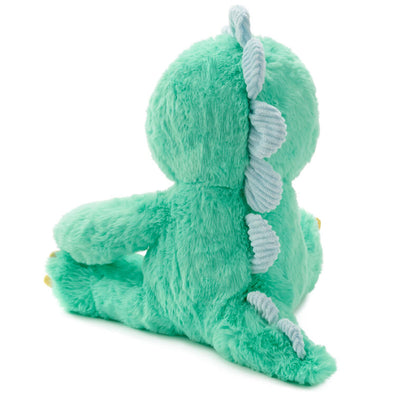 Big Brother dinosaur plush in bright green with blue corduroy accents and “Big Bro” stitched on its feet