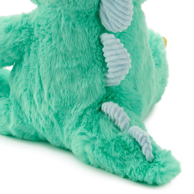 Big Brother dinosaur plush in bright green with blue corduroy accents and “Big Bro” stitched on its feet