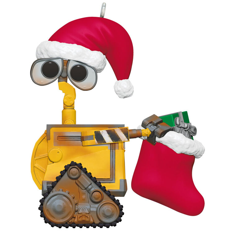 Wall-E Christmas ornament wearing Santa hat and holding red holiday stocking with a gift