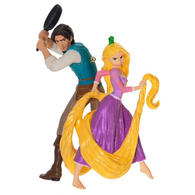 Rapunzel and Flynn Rider ornament from Disney’s Tangled, in action pose with long hair and frying pan