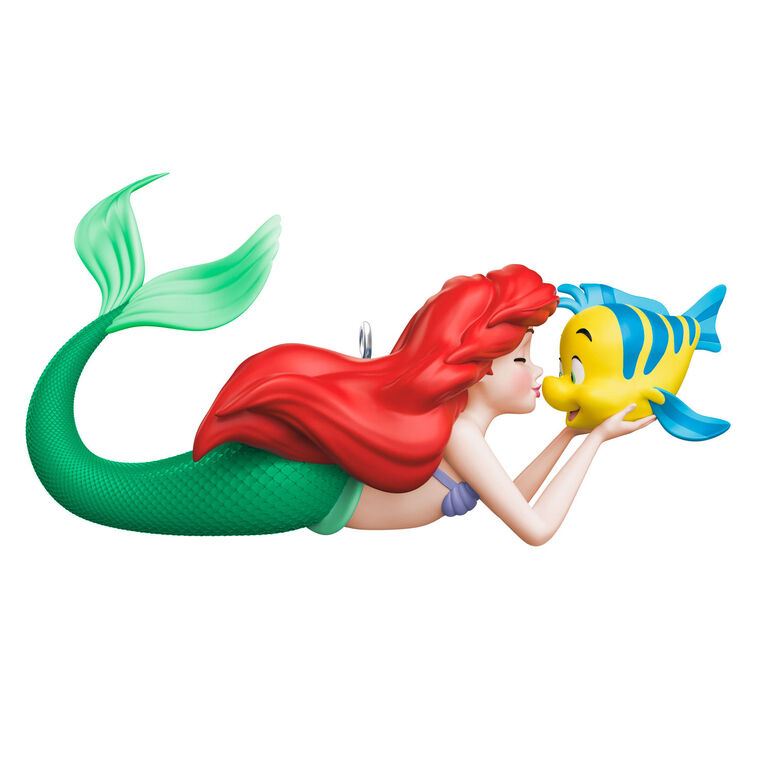 Ariel ornament from The Little Mermaid holding Flounder and giving him a kiss, with her green tail curled beside her