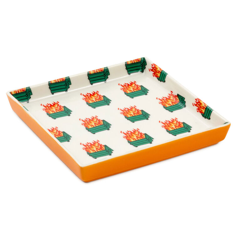 Hallmark ceramic trinket tray with orange border and repeating dumpster fire pattern in red, green, and yellow.