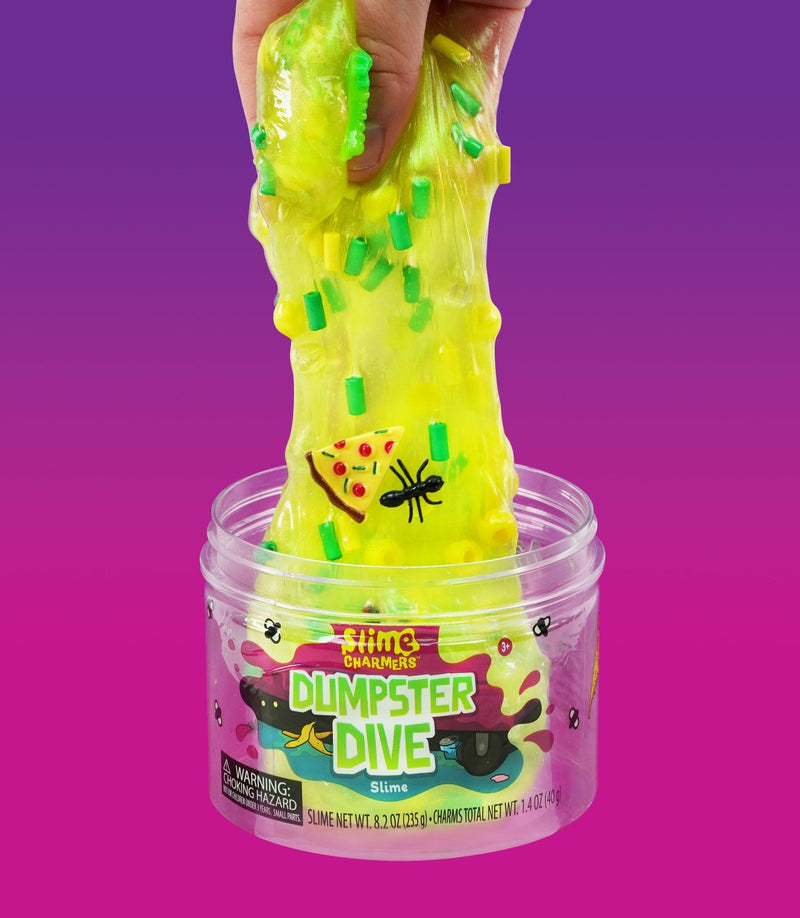 Crazy Aaron’s green Dumpster Dive slime with fun food scrap, bug, and crystal charms for squishy, stretchy sensory play. 