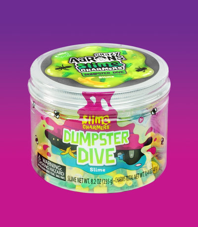 Crazy Aaron’s green Dumpster Dive slime with fun food scrap, bug, and crystal charms for squishy, stretchy sensory play. 