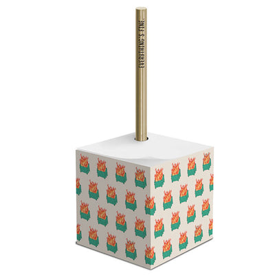 "Funny Hallmark note cube with 'Everything's Fine' design and dumpster fire illustrations, accompanied by a metal pen."

