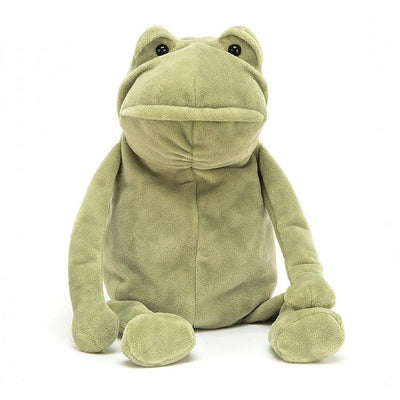 Green plush frog with big, happy eyes