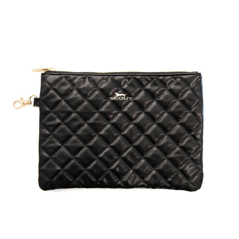 Black quilted midi pouch with gold hardware and logo, features zipper and metal clasp, doubles as clutch or bag organizer
