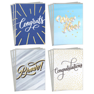 Assorted congratulations cards with gold foil, marble, blue, and dotted designs, bold script lettering, Hallmark, boxed set of 12 with envelopes
