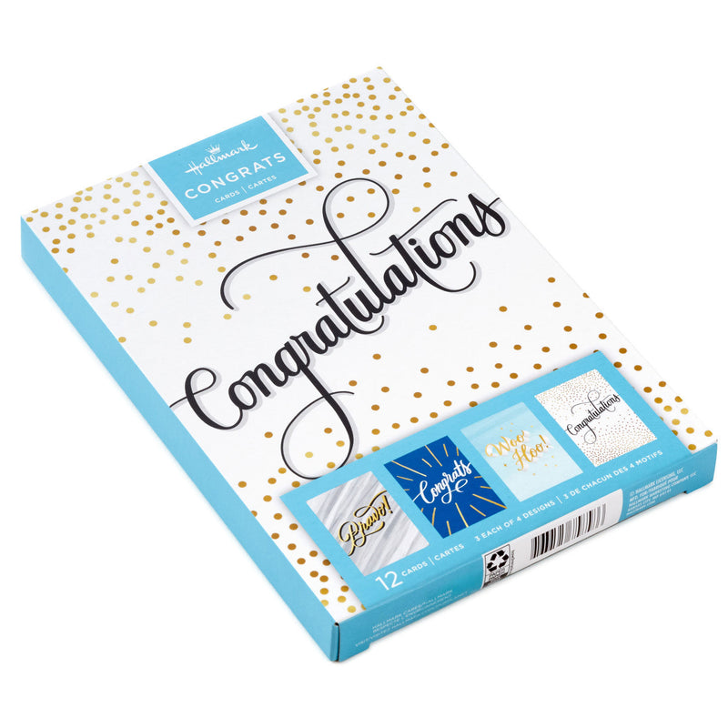 Assorted congratulations cards with gold foil, marble, blue, and dotted designs, bold script lettering, Hallmark, boxed set of 12 with envelopes