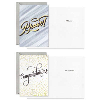 Assorted congratulations cards with gold foil, marble, blue, and dotted designs, bold script lettering, Hallmark, boxed set of 12 with envelopes.
