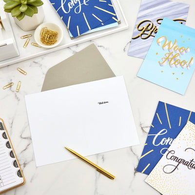 Assorted congratulations cards with gold foil, marble, blue, and dotted designs, bold script lettering, Hallmark, boxed set of 12 with envelopes