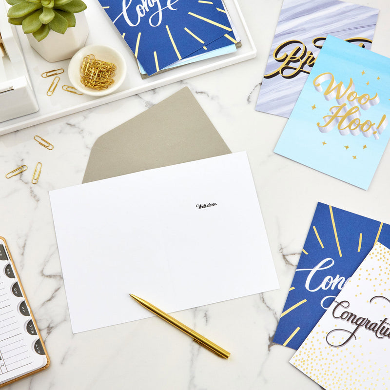 Assorted congratulations cards with gold foil, marble, blue, and dotted designs, bold script lettering, Hallmark, boxed set of 12 with envelopes
