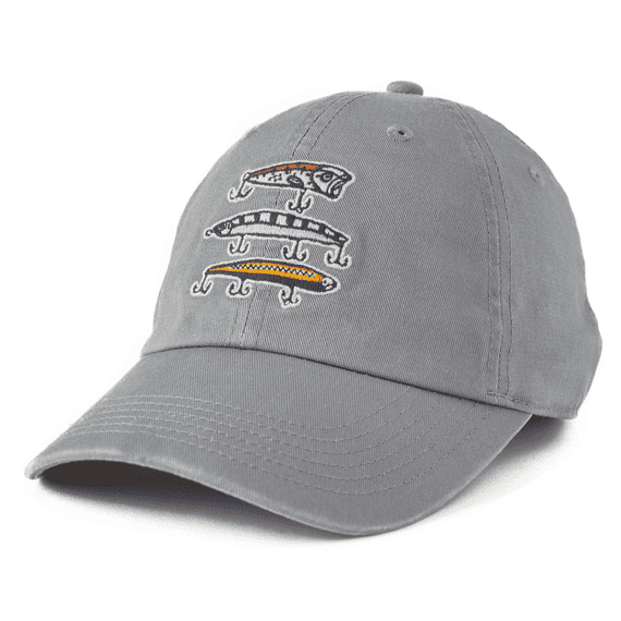 Slate gray cotton chill cap with embroidered Fish More design and classic low crown style

