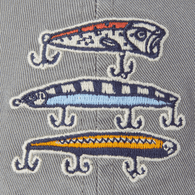 Slate gray cotton chill cap with embroidered Fish More design and classic low crown style

