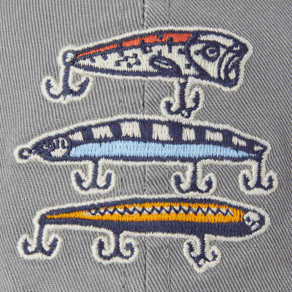 Slate gray cotton chill cap with embroidered Fish More design and classic low crown style


