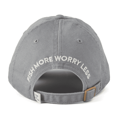 Slate gray cotton chill cap with embroidered Fish More design and classic low crown style

