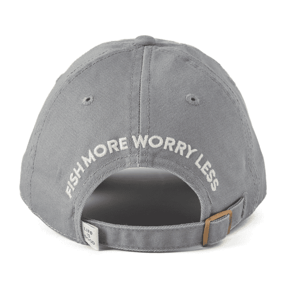 Slate gray cotton chill cap with embroidered Fish More design and classic low crown style

