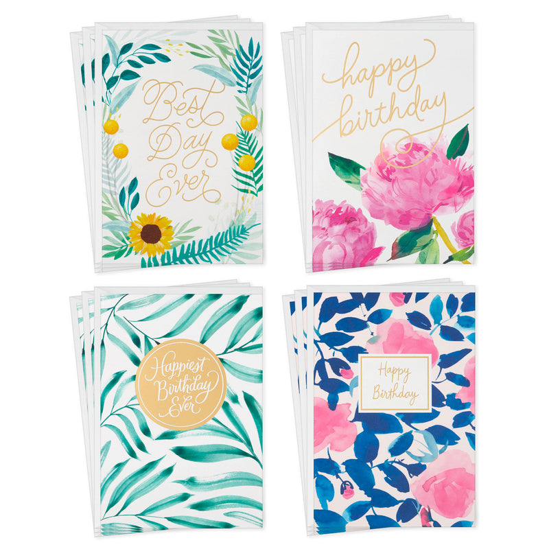 Assorted floral birthday cards with pink peonies, lemons, sunflowers, green leaves, and blue accents, includes envelopes, four unique watercolor designs