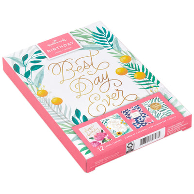 Assorted floral birthday cards with pink peonies, lemons, sunflowers, green leaves, and blue accents, includes envelopes, four unique watercolor designs