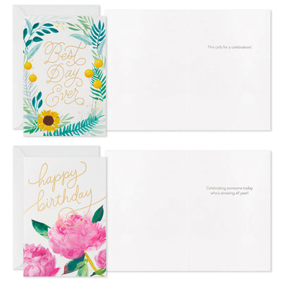 Assorted floral birthday cards with pink peonies, lemons, sunflowers, green leaves, and blue accents, includes envelopes, four unique watercolor designs