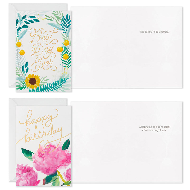 Assorted floral birthday cards with pink peonies, lemons, sunflowers, green leaves, and blue accents, includes envelopes, four unique watercolor designs