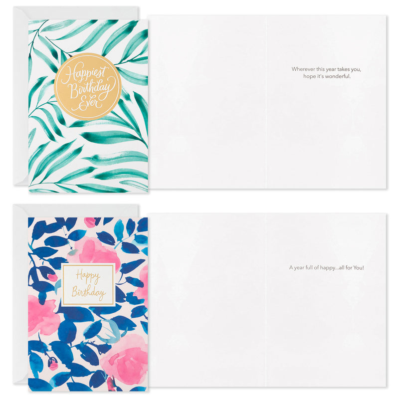 Assorted floral birthday cards with pink peonies, lemons, sunflowers, green leaves, and blue accents, includes envelopes, four unique watercolor designs