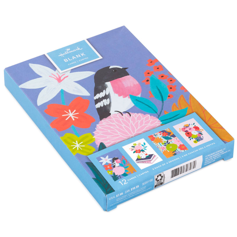 Folk-art floral blank cards with birds, flowers in mug, stacked books, and bold patterns, includes envelopes, four unique colorful designs.