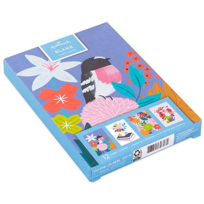 Folk-art floral blank cards with birds, flowers in mug, stacked books, and bold patterns, includes envelopes, four unique colorful designs.