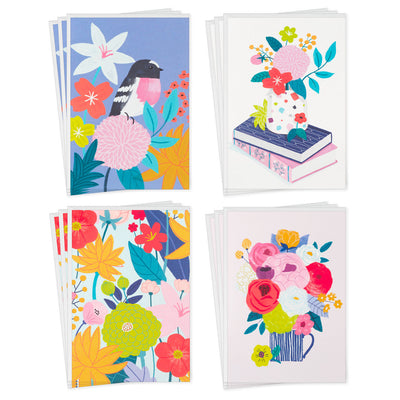Folk-art floral blank cards with birds, flowers in mug, stacked books, and bold patterns, includes envelopes, four unique colorful designs.