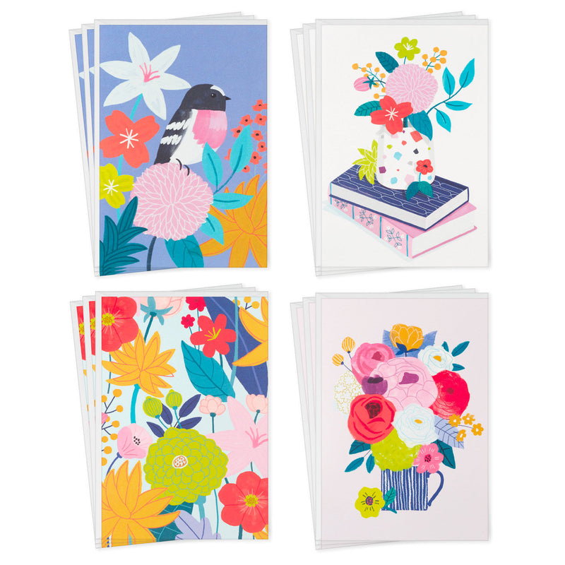 Folk-art floral blank cards with birds, flowers in mug, stacked books, and bold patterns, includes envelopes, four unique colorful designs.
