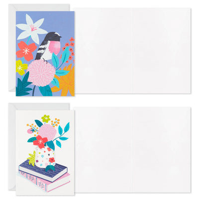 Folk-art floral blank cards with birds, flowers in mug, stacked books, and bold patterns, includes envelopes, four unique colorful designs.
