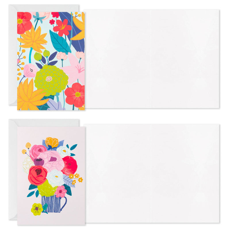 Folk-art floral blank cards with birds, flowers in mug, stacked books, and bold patterns, includes envelopes, four unique colorful designs.