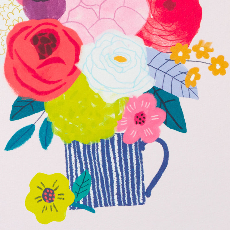 Folk-art floral blank cards with birds, flowers in mug, stacked books, and bold patterns, includes envelopes, four unique colorful designs.