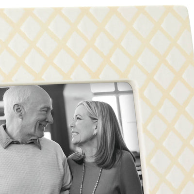 Hallmark yellow and white ceramic 4x6 picture frame with embossed diamond pattern and "I'll spend forever loving you" message
