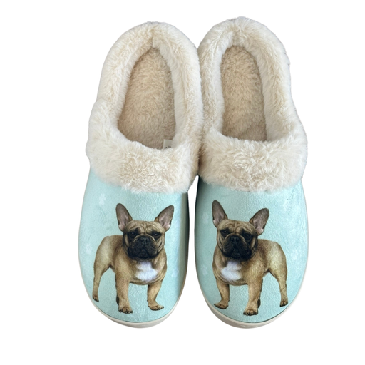 French Bulldog-themed slippers with plush interior, gray and white features, and non-slip soles.