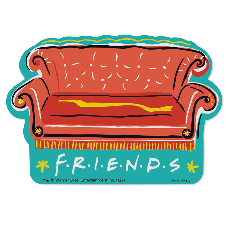 Vinyl decal of the iconic orange couch from Friends with “F.R.I.E.N.D.S” text on teal background.