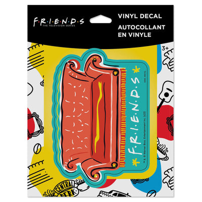 Vinyl decal of the iconic orange couch from Friends with “F.R.I.E.N.D.S” text on teal background.