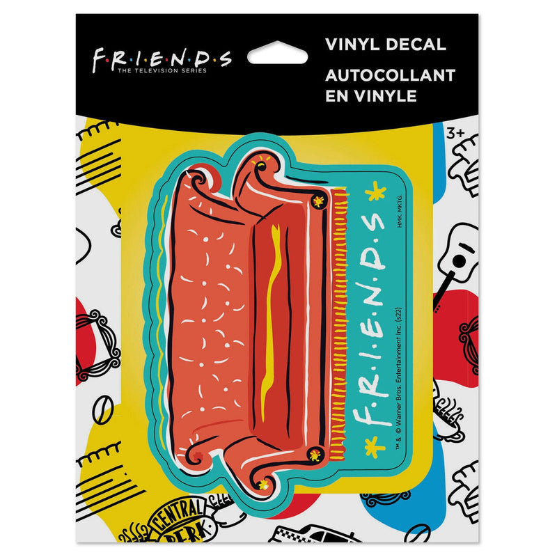 Vinyl decal of the iconic orange couch from Friends with “F.R.I.E.N.D.S” text on teal background.