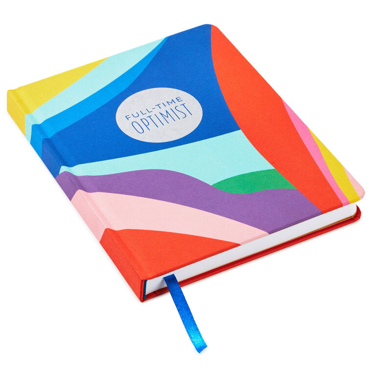 Hardback notebook with rainbow abstract cover, silver foil Full-time Optimist disc, blue ribbon bookmark, 160 lined pages, Hallmark
