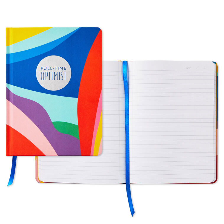 Hardback notebook with rainbow abstract cover, silver foil Full-time Optimist disc, blue ribbon bookmark, 160 lined pages, Hallmark
