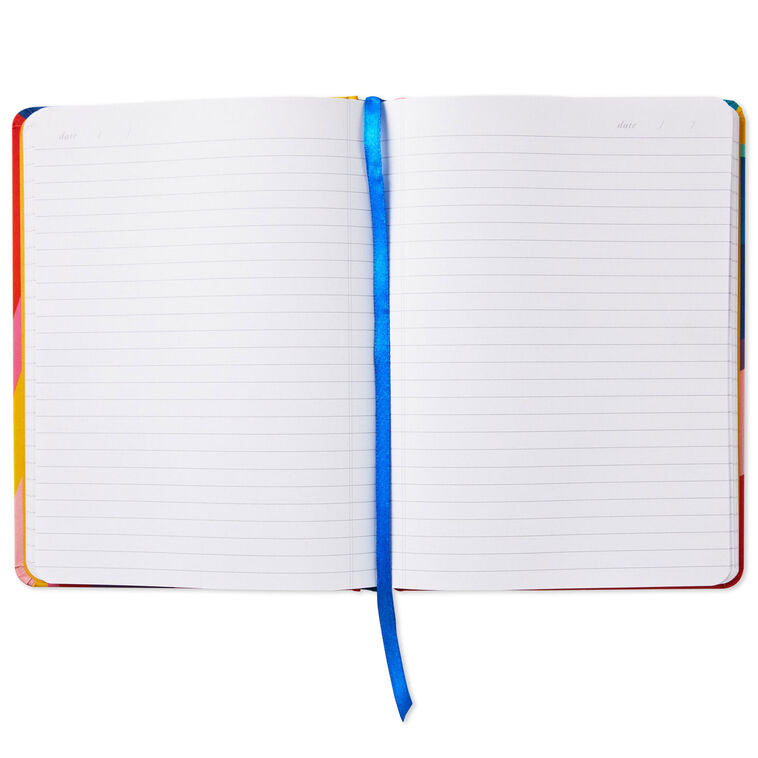 Hardback notebook with rainbow abstract cover, silver foil Full-time Optimist disc, blue ribbon bookmark, 160 lined pages, Hallmark
