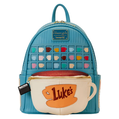 Blue backpack with a coffee cup design  pen_spark