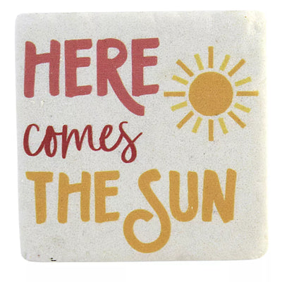 A set of four off-white coasters, each with a different sun design and cheerful quote like "You Are My Sunshine".